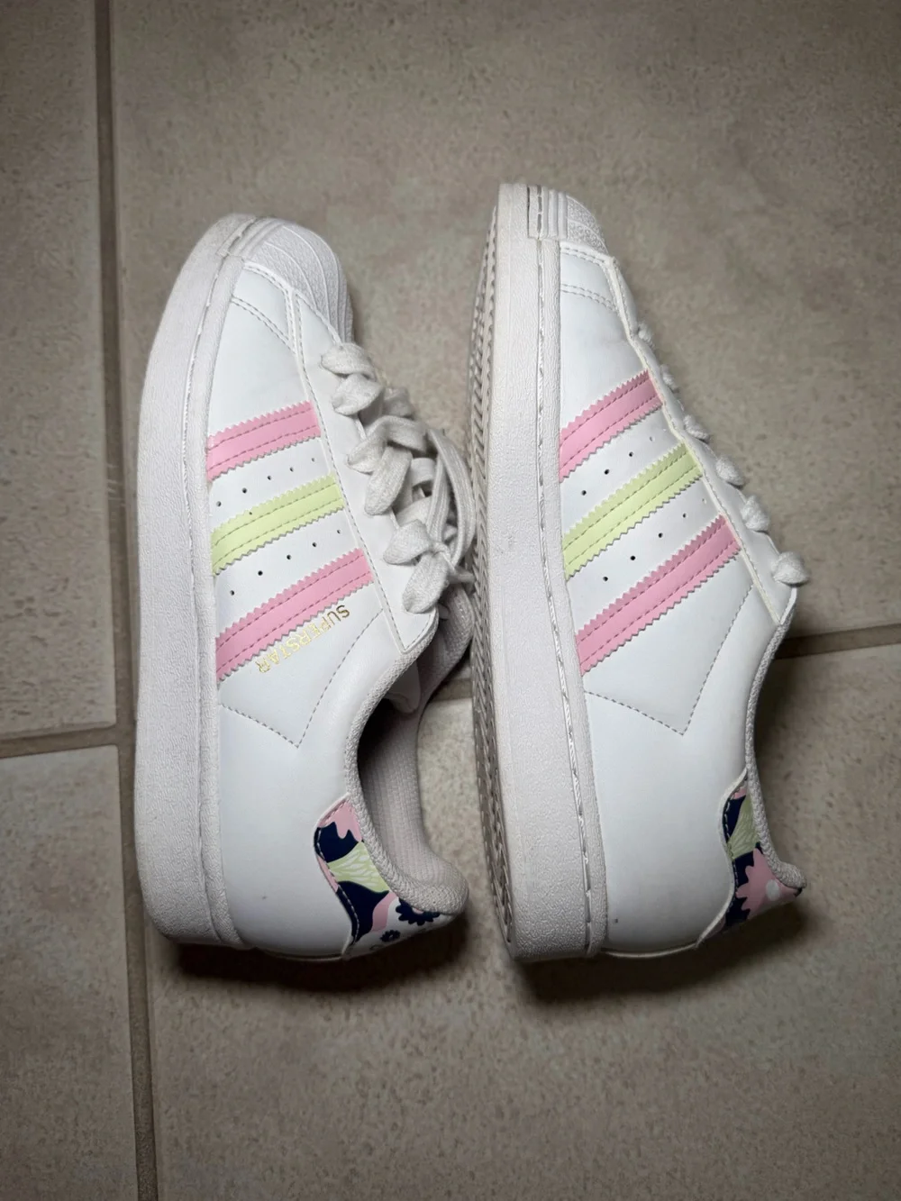 adidas superstar “White Floral” Sneakers with Pink and Light Green Stripes
